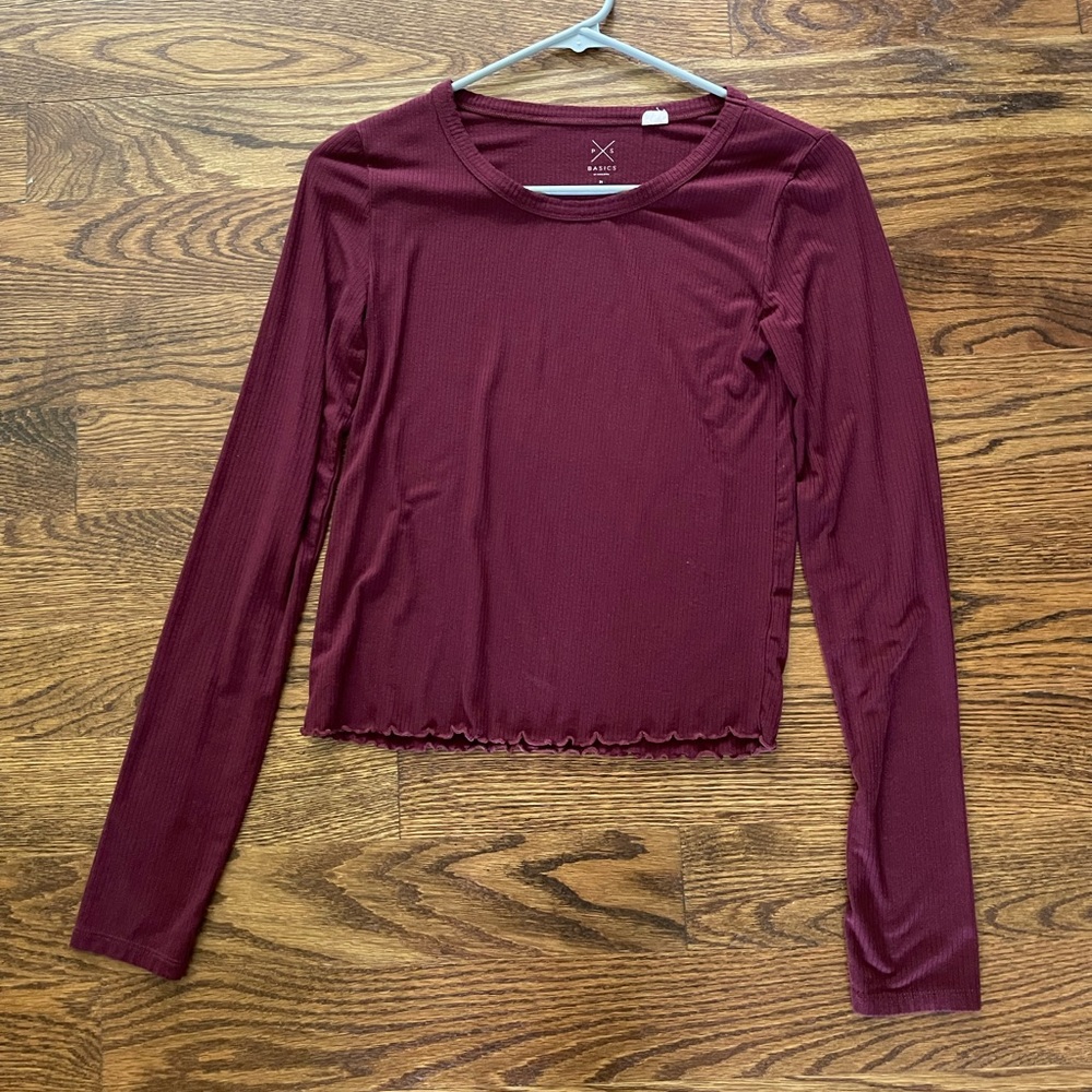 PacSun Maroon Cropped Long Sleeve with Ruffled Edges